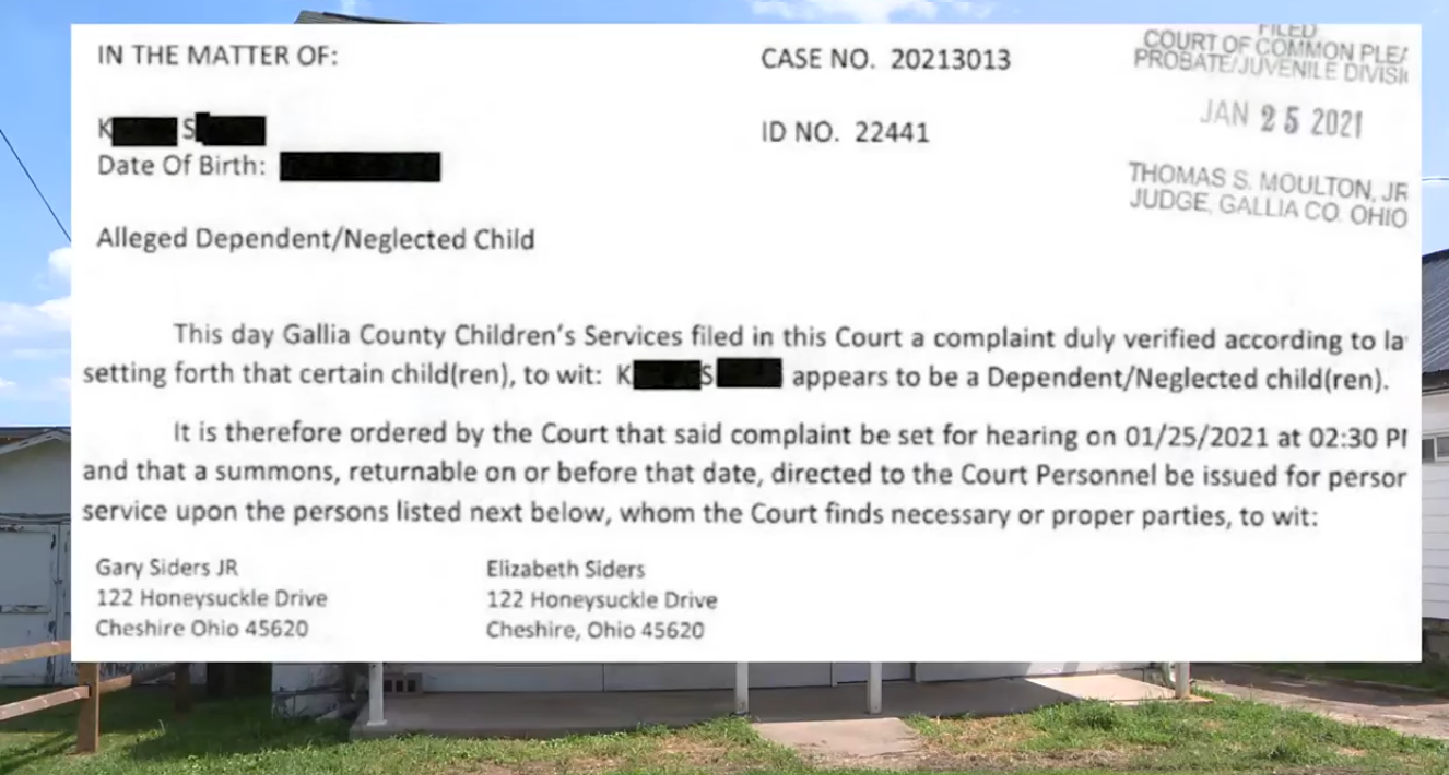 Juvenile court summons issued regarding a dependency/neglect complaint filed by Gallia County Children�s Services concerning Gary Siders Jr. and Elizabeth Siders, Photo Credit: WSYX ABC 6/Youtube