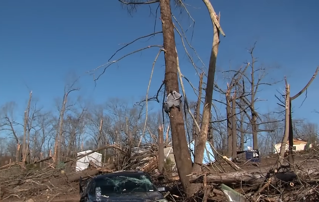 The aftermath of a destructive tornado in Clarksville, Tennessee, where a baby�s bassinet was miraculously wrapped high around a tree trunk, Photo Credit: NBC News