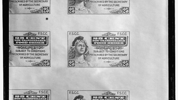 Food stamps, like the vintage stamps shown here, have been replaced with Electronic Benefit Transfer cards.
