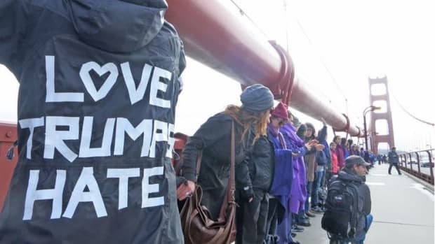 Protesters Form Human Chain On Golden Gate Bridge Promo Image
