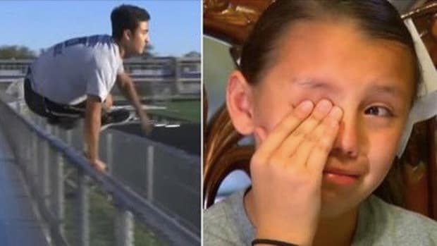 Cheerleader Cries During Daddy-Daughter Cheer Because Dad's Overseas, Then Stranger Hops Fence Promo Image