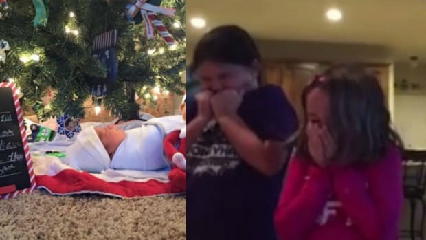 Sisters reacting to new baby brother