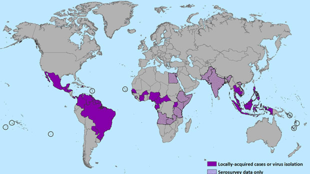 A CDC map showing the spread of the zika virus.