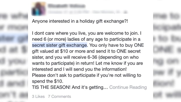 Facebook post advertising the "secret sister gift exchange" scam
