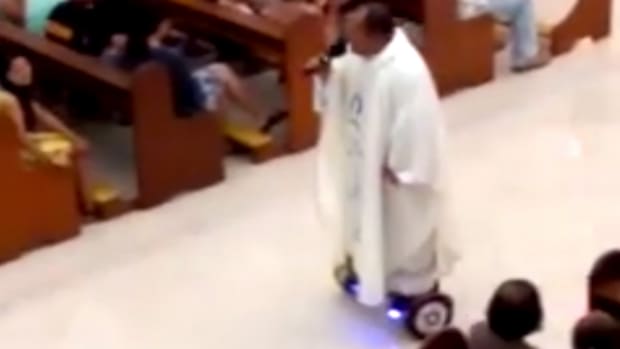 Priest on Hoverboard