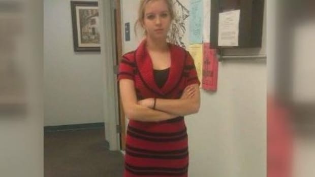 Amanda Durbin in dress that got her kicked out of class