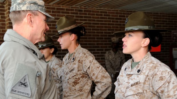 Gen. Martin E. Dempsey speaks with female drill sergeants at Parris Island, South Carolina.