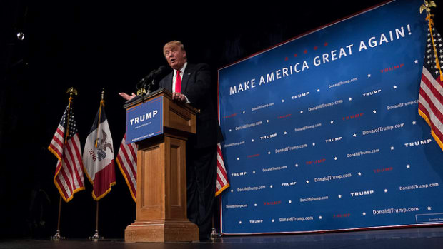 Donald Trump speaking at podium