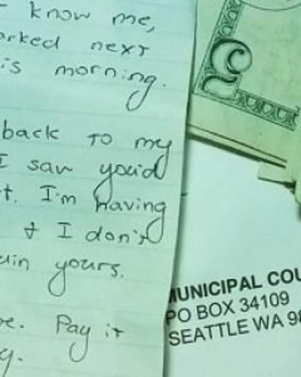 Driver Finds Surprising Note On Windshield Alongside Parking Ticket (Photos) Promo Image