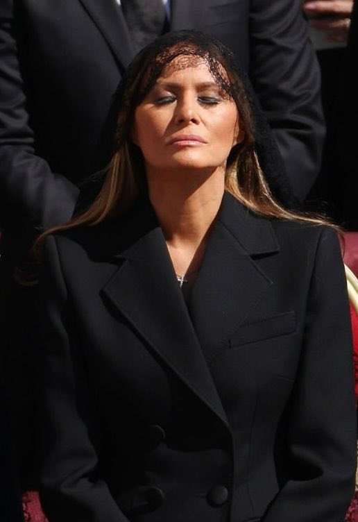 Melania Trump with her eyes closed at the funeral of Pope Francis at The Vatican, Photo Credit: Oli London/X