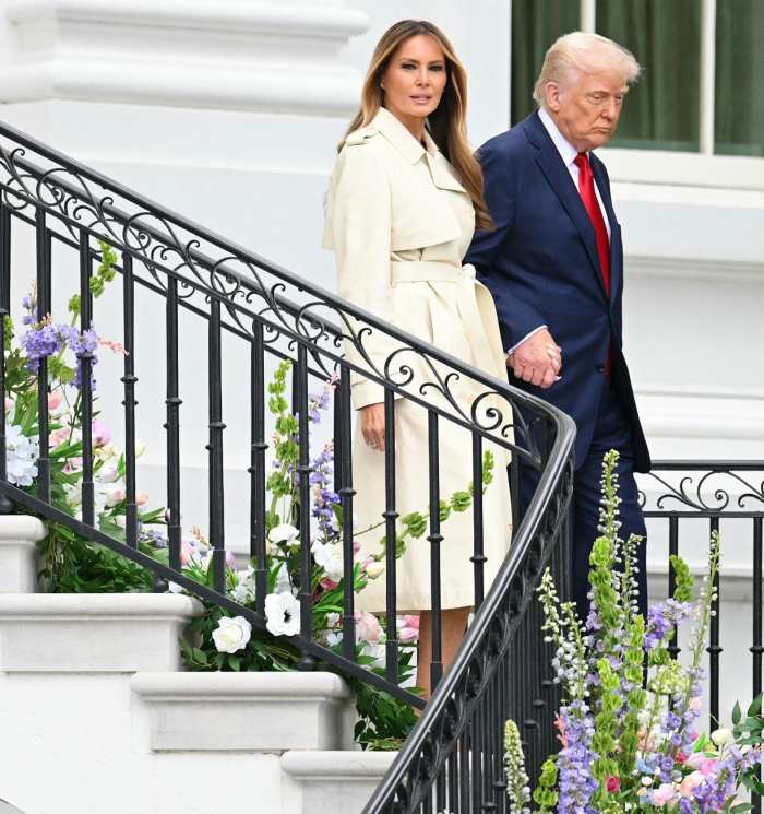 President Donald Trump and First Lady Melania Trump walk down the stairs during the annual Easter Egg Roll at the White House, Photo Credit: FLOTUS Report/X