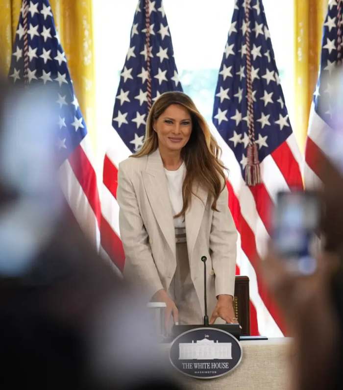 US First Lady Melania Trump wearing a power pantsuit during a meeting of the White House Task Force on Artificial Intelligence Education, Photo Credit: FLOTUS Report/X