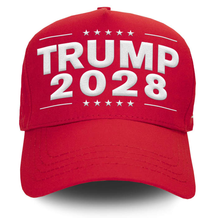 A red hat with Trump 2028 design, Photo Credit: Politics & Poll Tracker/X