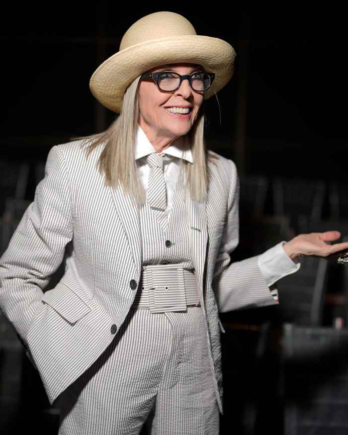 Diane Keaton wearing a white stripe suit and a light brown hat, Photo Credit: diane_keaton/Instagram