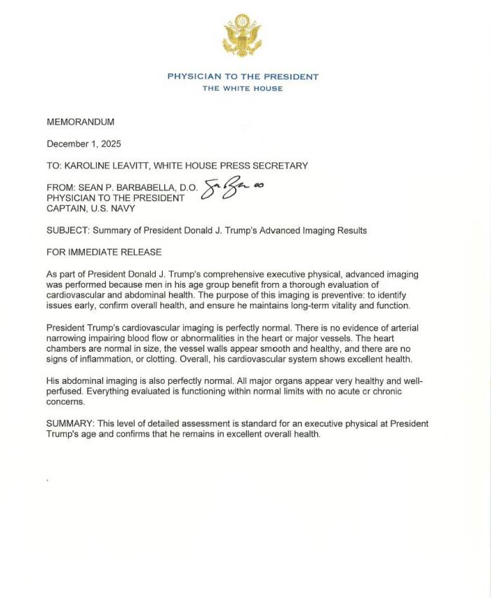 A letter from President Trump's Physician detailing the MRI test results, Photo Credit: Weijia Jiang/X