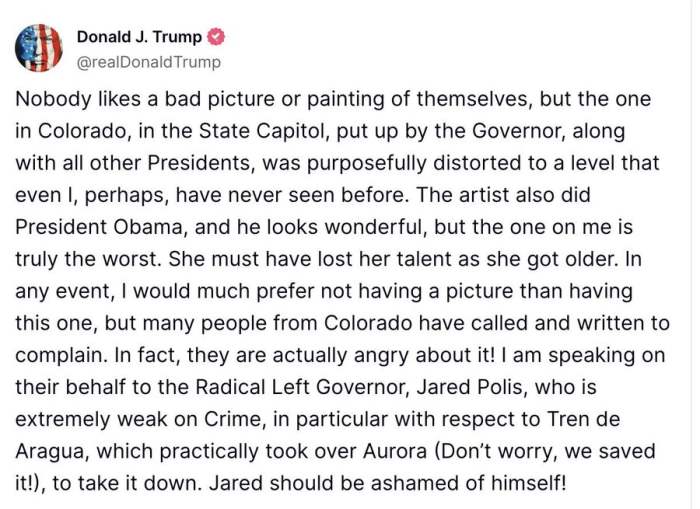 President Donald Trump's message about the portrait posted on his platform Truth social, Photo Credit: RT/X