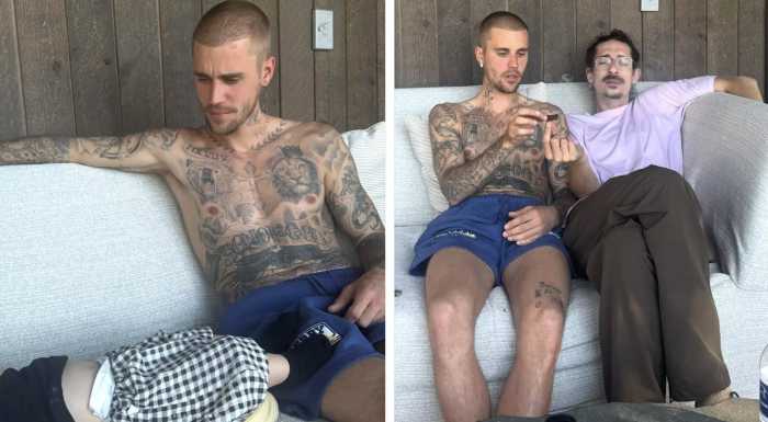 Side by side photos of a shirtless Justin bieber. In the left photo, he sits next to his toddler son while in the right photo, he appears to be smoking a joint of marijuana, Photo Credit: lilbieber/X
