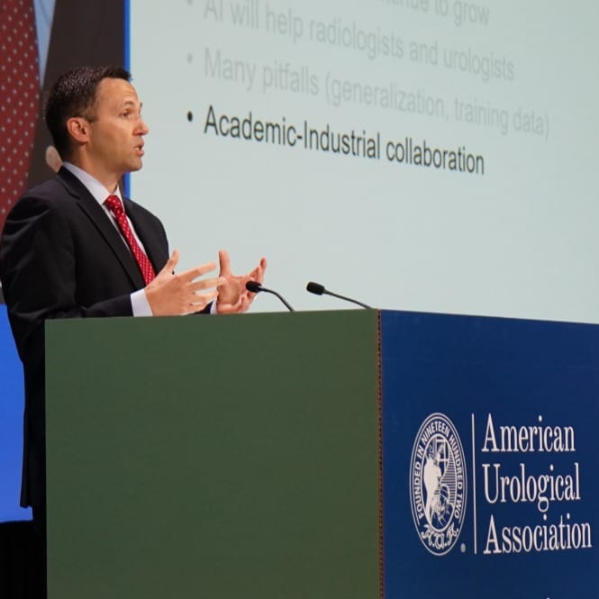 Dr. Geoffrey Sonn delivering a speech at American Urological Association, Photo Credit: stanford_urology/X