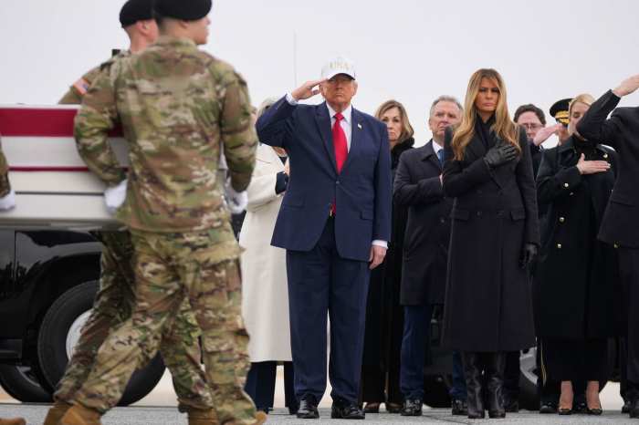 US President Donald Trump and First Lady Melania Trump attending the return of six U.S. Army Reserve soldiers killed in a drone strike in Kuwait, Photo Credit: Lord Bebo/X