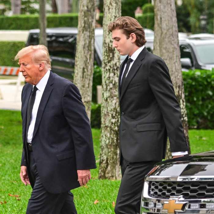 Donald and Barron Trump attend the funeral of Melania Trump's mother, Amalija Knavs, 2024, Photo Credit: Jim Njue/X
