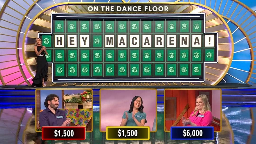 Wheel of Fortune contestants solving a word puzzle in an "On the Dance Floor" category, Photo Credit: wheelwatchershub/Instagram