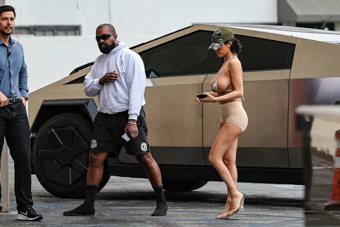 Bianca Censori spotted wearing revealing silver bikini top and skin tight briefs with husband Kanye West in Los Angeles, Photo Credit: DriveGreenLiveGreen/X