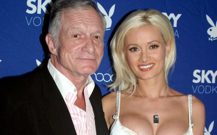 Hugh Hefner and Holly Madison in Los Angeles, California, during a celebration for the Playboy August 2006 issue sponsored by Skyy Vodka, Photo Credit: Sean Joseph/X