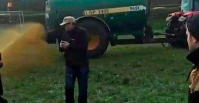 A farmer sprinkles the Oscar-winning actress and other protesters with fertilizer after they refuse to leave