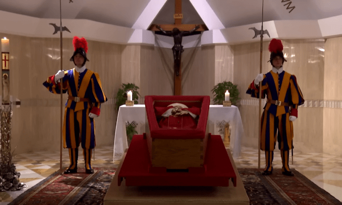 Pope Francis lying in an open coffin in the chapel of the Casa Santa Marta, Photo Credit: AFP News Agency/Youtube