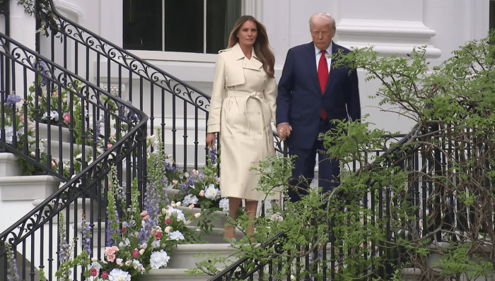 Donald and Melania Trump walking down the stairs during the Annual Egg Roll at the White House, Photo Credit: The White House/Youtube