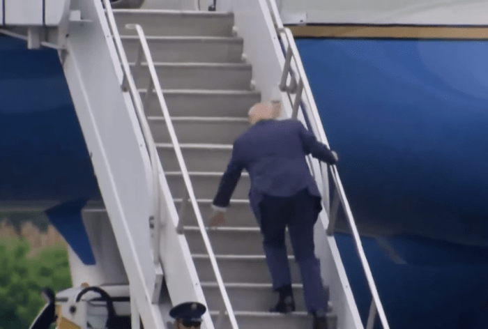 President Donald Trump stumbles while going up stairs to Air Force One, Photo Credit: The Economic Times/Youtube