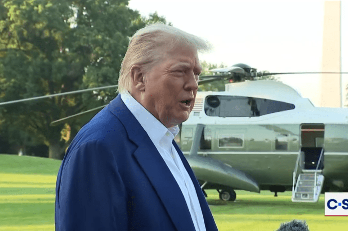 President Donald Trump talking with reporters before boarding Marine One, Photo Credit: Joshua Reid | Redpills.tv/X