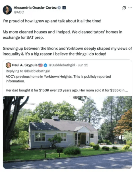 Alexandria Ocasio-Cortez shared a post on X featuring her old home, Photo Credit: Alexandria Ocasio-Cortez/X