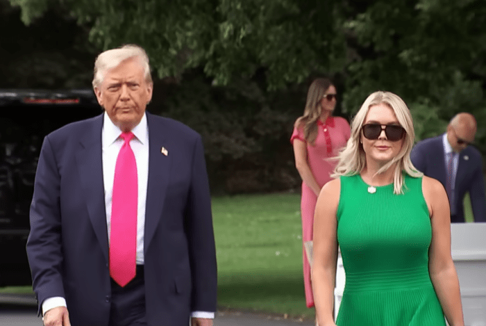 US President Donald Trump and White House Press Secretary Karoline Leavitt walking toward reporters, Photo Credit: Inside Edition/Youtube