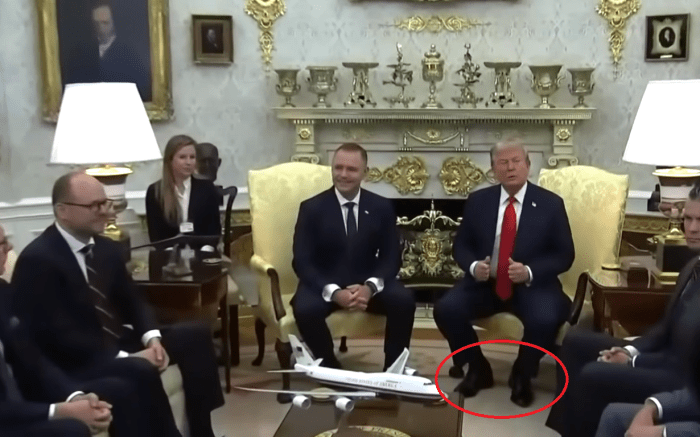 US President Donald Trump with his swollen ankles visible during meeting with Poland's President Karol Nawrocki, Photo Credit: CNBC Television/Youtube