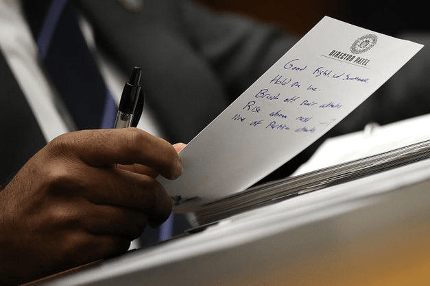 Closeup shot of Kash Patel's private notes during disaster hearing in congress, Photo Credit: Rasheedah S./X