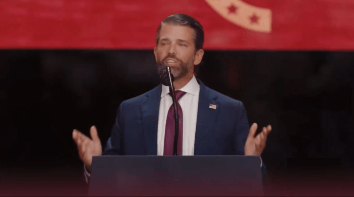 Donald Trump Jr. giving a speech at Charlie Kirk's memorial, Photo Credit: Fraser Jackson/X