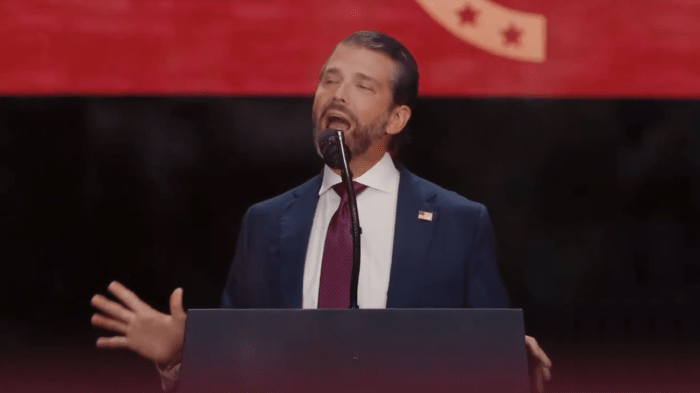 Donald Trump Jr. giving a speech at Charlie Kirk's memorial, Photo Credit: Fraser Jackson/X