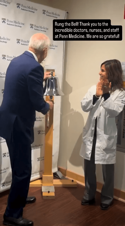 Joe Biden rings the bell after he completed his radiation treatment, Photo Credit: Chris D. Jackson/X