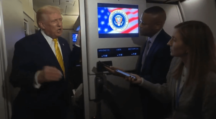 President Donald Trump talking to a reporter regarding his MRI results, Photo Credit: Ukrainian Ministry of Accidental Russian Fires/X