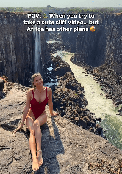 Jess Melu posing for a photo with the iconic Victoria Falls in the background, Photo Credit: jessmelu/Instagram