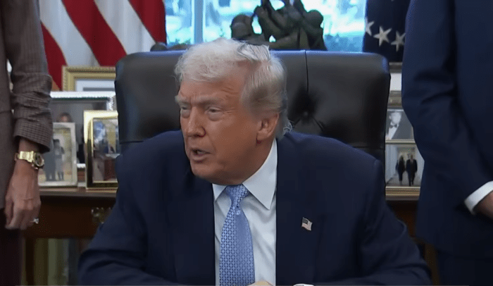 President Donald Trump talking about the tariff dividend checks in the oval office, Photo Credit: MS Now/Youtube