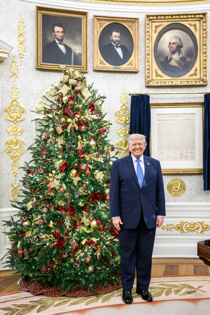 President Donald Trump standing beside a christmas tree inside the White House, Photo Credit: The White House/X