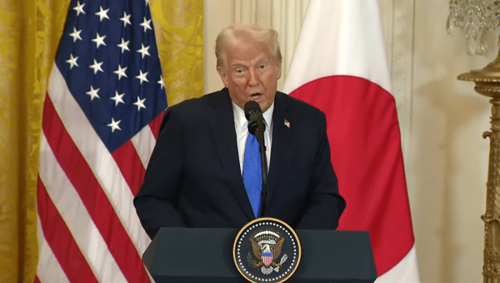 US President Donald Trump at Press Conference inside the White House with the Japanese prime minister, Photo Credit: Fox News/Youtube