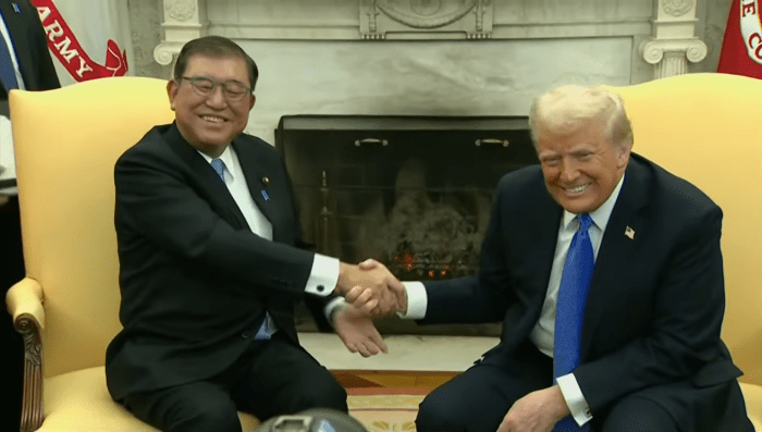 US President Donald Trump shaking hands with Japan PM Shigeru Ishiba, Photo Credit: Fox News/Youtube