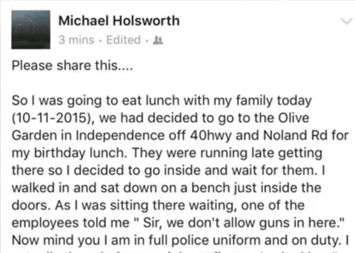 A social media post by officer Michael Holsworth about the incident at an Olive Garden restaurant, Photo Credit: TomoNews US/X