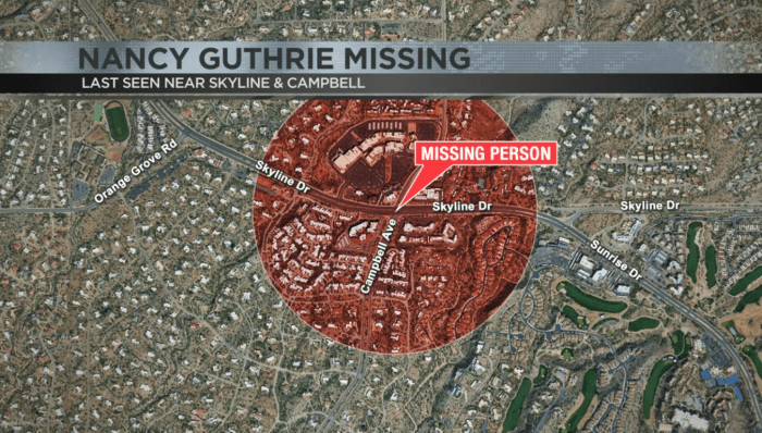 A map related to the disappearance of Nancy Guthrie, Photo Credit: News 4 Tucson KVOA-TV/Youtube