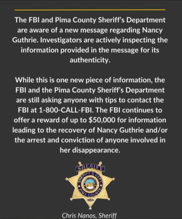 A written statement of Chris Nanos, Sheriff of Pima County regarding the investigation of Nancy Guthrie's disappearance, Photo Credit: News 4 Tucson KVOA-TV/Youtube