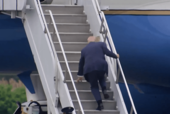 President Donald Trump stumbles while going up stairs to Air Force One, Photo Credit: The Economic Times/Youtube