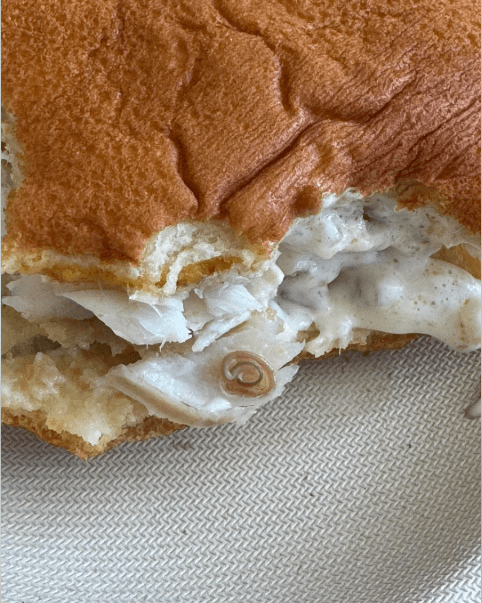 A McDonald's Filet-O-Fish sandwich with what looks like a worm inside it, Photo Credit: Reddit